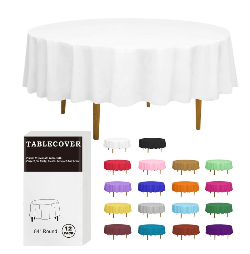 DZ D&Z Plastic Table Cloth Disposable, 12 Pack White Round Tablecloth Individually Wrapped for Indoor&Outdoor, 84 Inch Table Cover for Party, Picnic, Birthday, Wedding & Dinner - Image 1